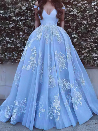 Ball Gown/Princess Sweep Train Off-the-shoulder Tulle Appliques Lace Prom Dresses #UKM020106469