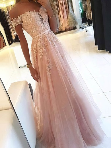 A-line Off-the-shoulder Tulle Floor-length Appliques Lace Prom Dresses #UKM020106470