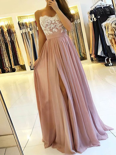 A-line Floor-length V-neck Chiffon Appliques Lace Prom Dresses #UKM020106471