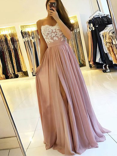 A-line V-neck Chiffon Floor-length Appliques Lace Prom Dresses #UKM020106471