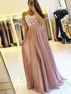 A-line Floor-length V-neck Chiffon Appliques Lace Prom Dresses #UKM020106471