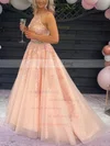Tulle Halter Princess Sweep Train Beading Prom Dresses #UKM020106641