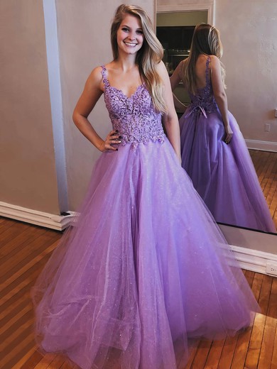 Tulle V-neck Princess Floor-length Beading Prom Dresses #UKM020106658
