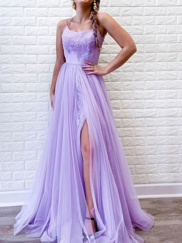 A-line Sweep Train Scoop Neck Tulle Beading Prom Dresses #UKM020106682