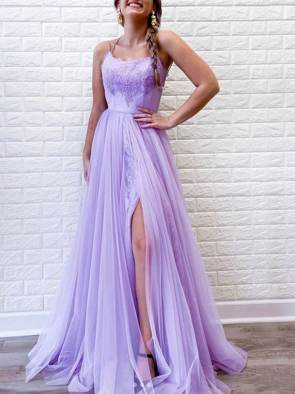 A-line Sweep Train Scoop Neck Tulle Beading Prom Dresses #UKM020106682