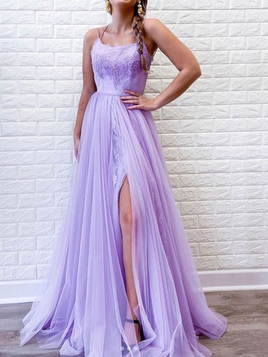 A-line Sweep Train Scoop Neck Tulle Beading Prom Dresses #UKM020106682