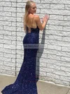 Sequined V-neck Trumpet/Mermaid Sweep Train Split Front Prom Dresses #UKM020106695