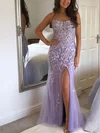 Tulle Square Neckline Sheath/Column Sweep Train Appliques Lace Prom Dresses #UKM020106709