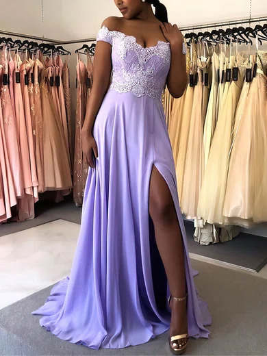 Chiffon Off-the-shoulder A-line Sweep Train Appliques Lace Prom Dresses #UKM020106711