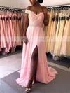 Chiffon Off-the-shoulder A-line Sweep Train Appliques Lace Prom Dresses #UKM020106711
