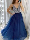 Tulle Glitter V-neck A-line Floor-length Beading Prom Dresses #UKM020106748