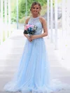Tulle Scoop Neck A-line Sweep Train Beading Prom Dresses #UKM020106752