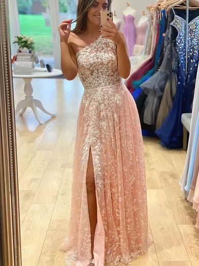 Tulle One Shoulder A-line Floor-length Beading Prom Dresses #UKM020106759