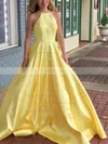 Satin Scoop Neck Ball Gown Sweep Train Beading Prom Dresses #UKM020106767