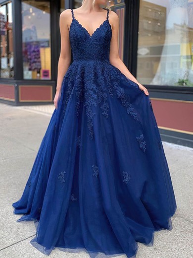 Ball Gown V-neck Tulle Sweep Train Beading Prom Dresses #UKM020106787