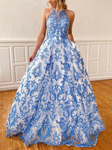 Lace Scoop Neck Princess Floor-length Pockets Prom Dresses #UKM020106790