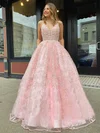 Ball Gown V-neck Tulle Floor-length Lace Prom Dresses #UKM020106791