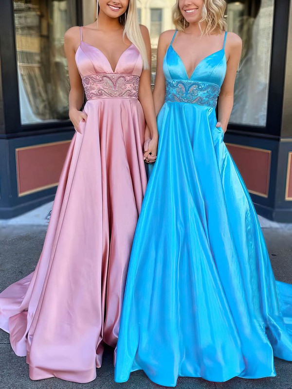 Ball Gown/Princess Sweep Train V-neck Satin Beading Prom Dresses ...