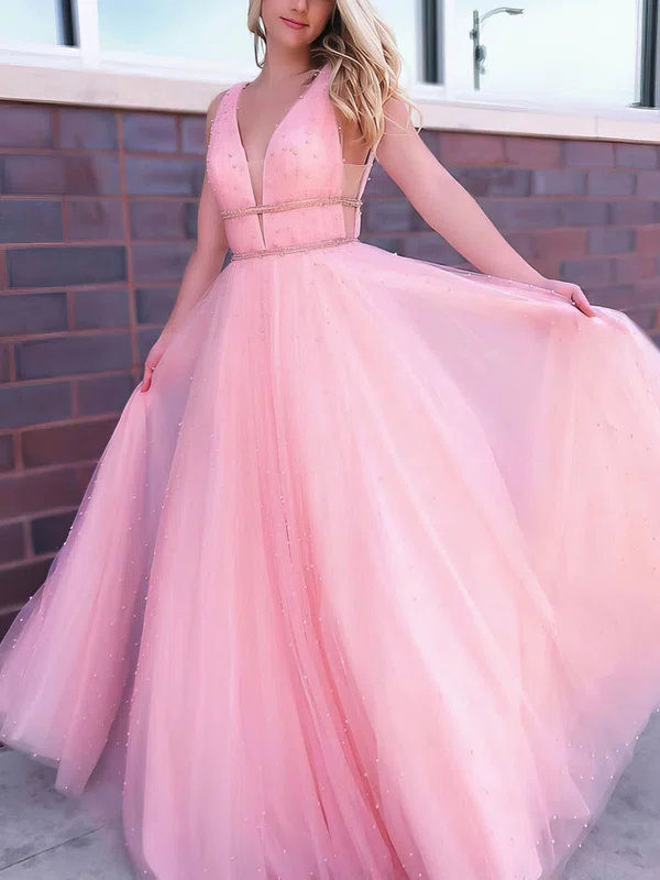 Ball Gown/Princess Floor-length V-neck Tulle Beading Prom Dresses #UKM020106828