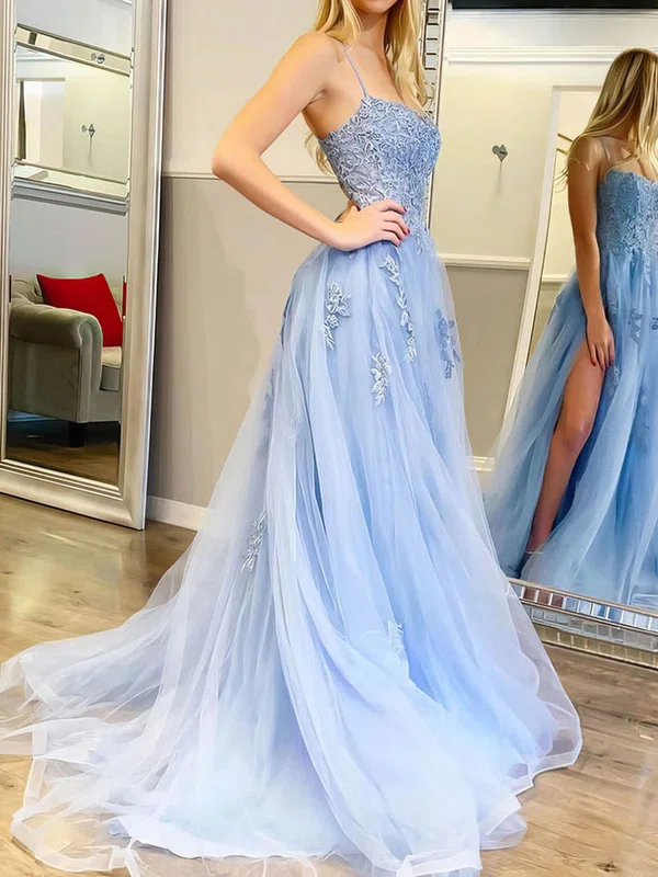 Ball Gown/Princess Sweep Train Scoop Neck Tulle Appliques Lace Prom Dresses #UKM020106840