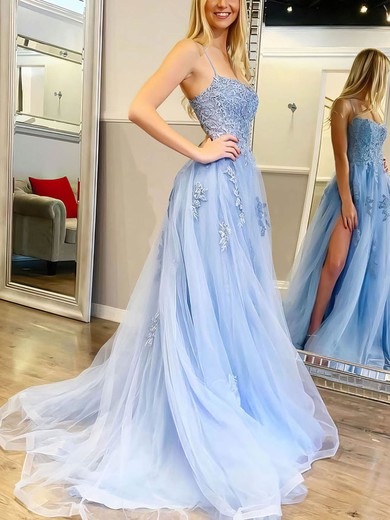 Ball Gown/Princess Sweep Train Scoop Neck Tulle Appliques Lace Prom Dresses #UKM020106840