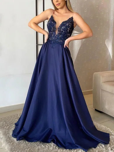 A-line Sweep Train V-neck Silk-like Satin Beading Prom Dresses #UKM020106859