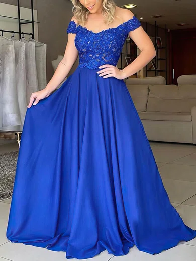 A-line Sweep Train Off-the-shoulder Chiffon Beading Prom Dresses #UKM020106860