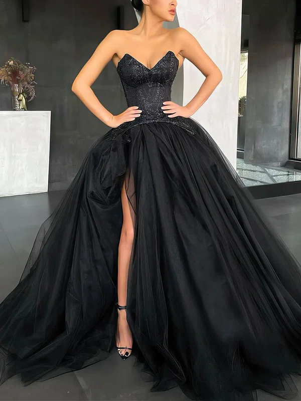 Ball Gown/Princess Sweep Train V-neck Tulle Beading Prom Dresses #UKM020106876