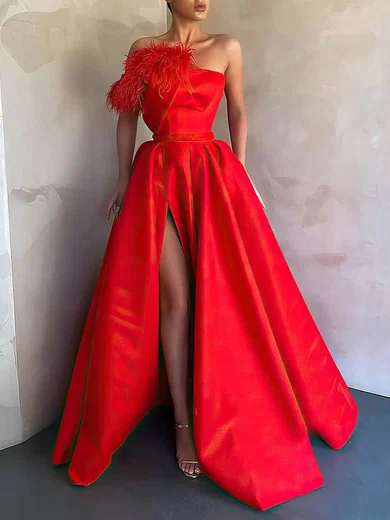 Ball Gown/Princess Floor-length One Shoulder Satin Feathers Evening Dresses PT020106878