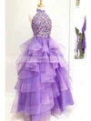 Organza High Neck Ball Gown Floor-length Appliques Lace Prom Dresses #UKM020106882