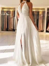 Chiffon High Neck A-line Sweep Train Split Front Prom Dresses #UKM020106907