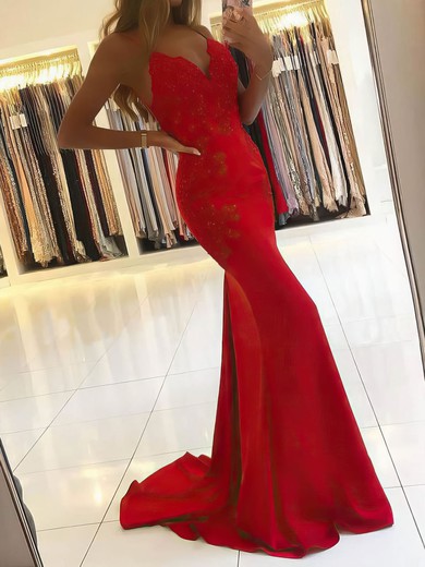 Trumpet/Mermaid Sweep Train V-neck Satin Beading Prom Dresses #UKM020106913