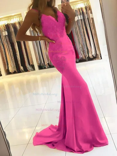 Pink V Neck Satin Beading Trumpet Mermaid Prom Dress With Slit Pink V Neck Satin Beading Trumpet Mermaid Prom Dress With Slit
