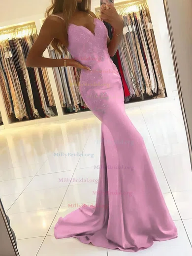 Pink V Neck Satin Beading Trumpet Mermaid Prom Dress With Slit Pink V Neck Satin Beading Trumpet Mermaid Prom Dress With Slit