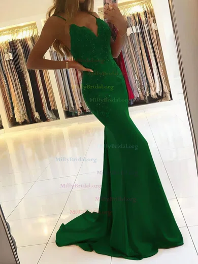 Trumpet Mermaid Dark Green Satin Beading Prom Dress With Slit Trumpet Mermaid Dark Green Satin Beading Prom Dress With Slit