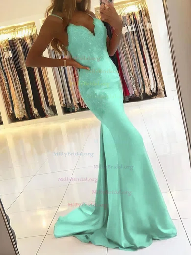 Beading Trumpet Mermaid High Neck Satin Mint Prom Dress Beading Trumpet Mermaid High Neck Satin Mint Prom Dress