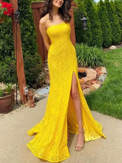 Lace Square Neckline Trumpet/Mermaid Sweep Train Split Front Prom Dresses #UKM020106644