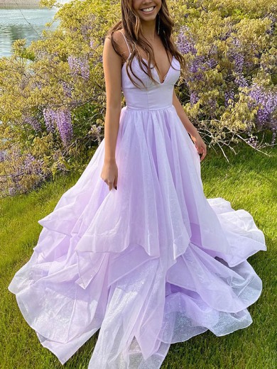 Glitter V-neck Princess Sweep Train Cascading Ruffles Prom Dresses #UKM020106646