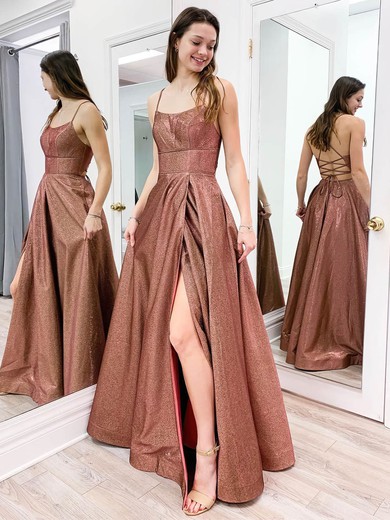 Glitter Square Neckline A-line Floor-length Split Front Prom Dresses #UKM020106655