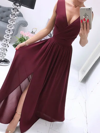 A-line Floor-length V-neck Chiffon Split Front Prom Dresses #UKM020106708