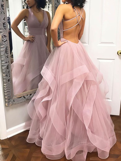 Tulle V-neck Princess Floor-length Cascading Ruffles Prom Dresses #UKM020106712