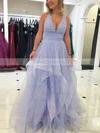 Tulle V-neck Princess Floor-length Cascading Ruffles Prom Dresses #UKM020106712