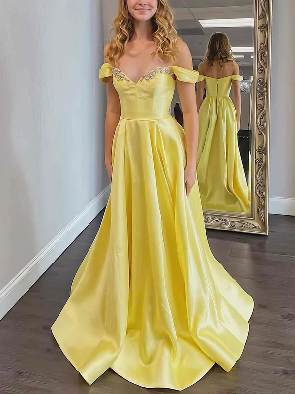 Ball Gown/Princess Sweep Train Off-the-shoulder Satin Beading Prom Dresses #UKM020106720