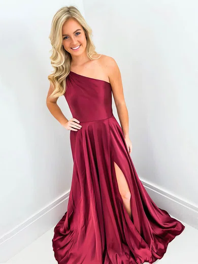 Silk-like Satin One Shoulder A-line Sweep Train Beading Prom Dresses #UKM020106732