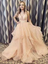 Glitter V-neck Princess Sweep Train Cascading Ruffles Prom Dresses #UKM020106734