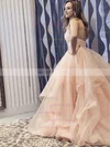 Glitter V-neck Princess Sweep Train Cascading Ruffles Prom Dresses #UKM020106734