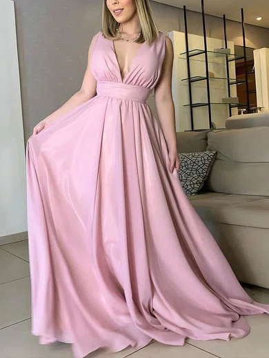 A-line Sweep Train V-neck Chiffon Elegant Prom Dresses #UKM020106738