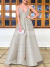 Satin V-neck A-line Floor-length Prom Dresses #UKM020106747