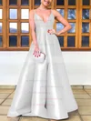 Satin V-neck A-line Floor-length Prom Dresses #UKM020106747