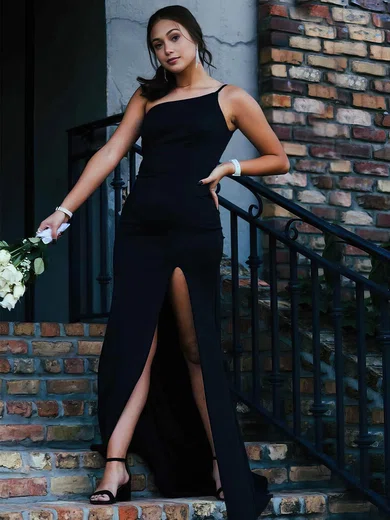 Jersey One Shoulder Sheath/Column Floor-length Split Front Prom Dresses #UKM020106758